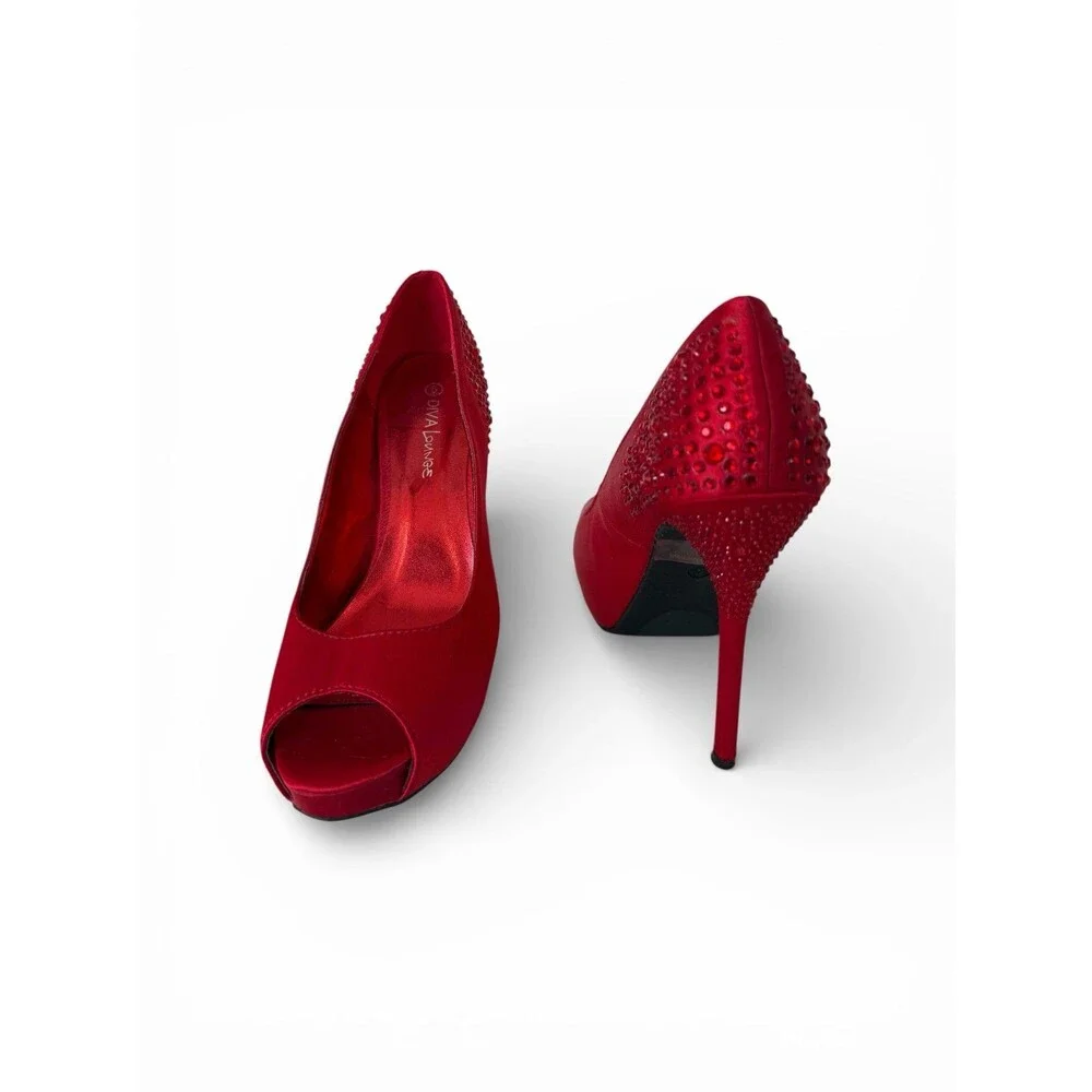 Diva Lounge Red Satin Rhinestone Heel Peep Toe Platform Stiletto Pumps Par